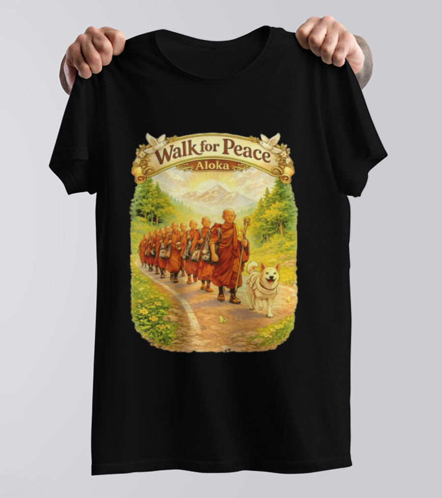Walk For Peace Aloka Monks With Dog In Nature Trail T-Shirt