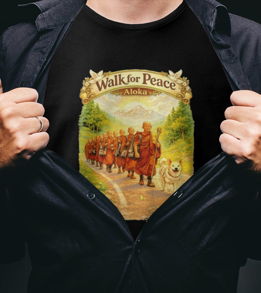 Walk For Peace Aloka Monks With Dog In Nature Trail T-Shirt