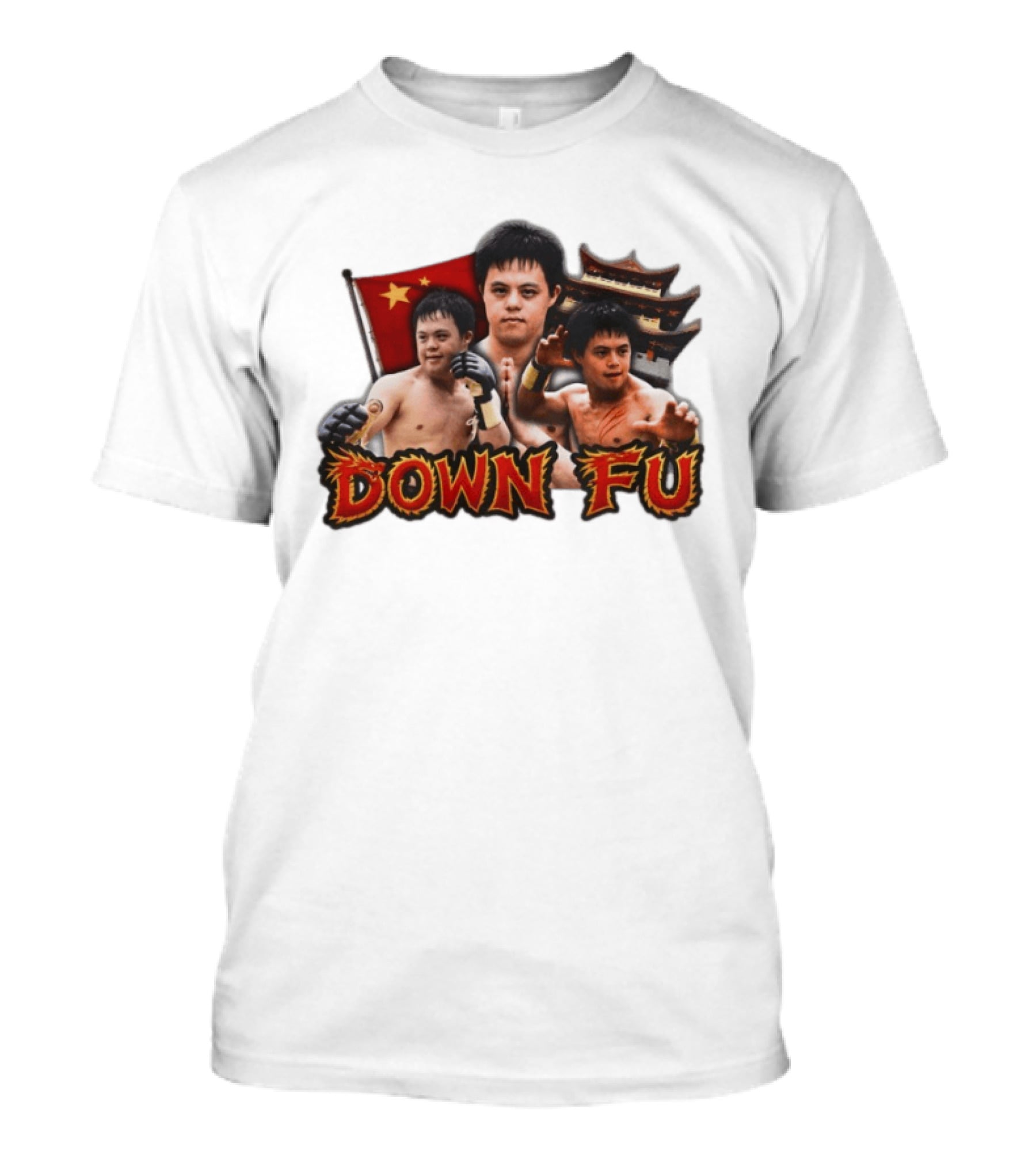 Down Fu Martial Arts Style With Fighters And Chinese Pagoda T-Shirt