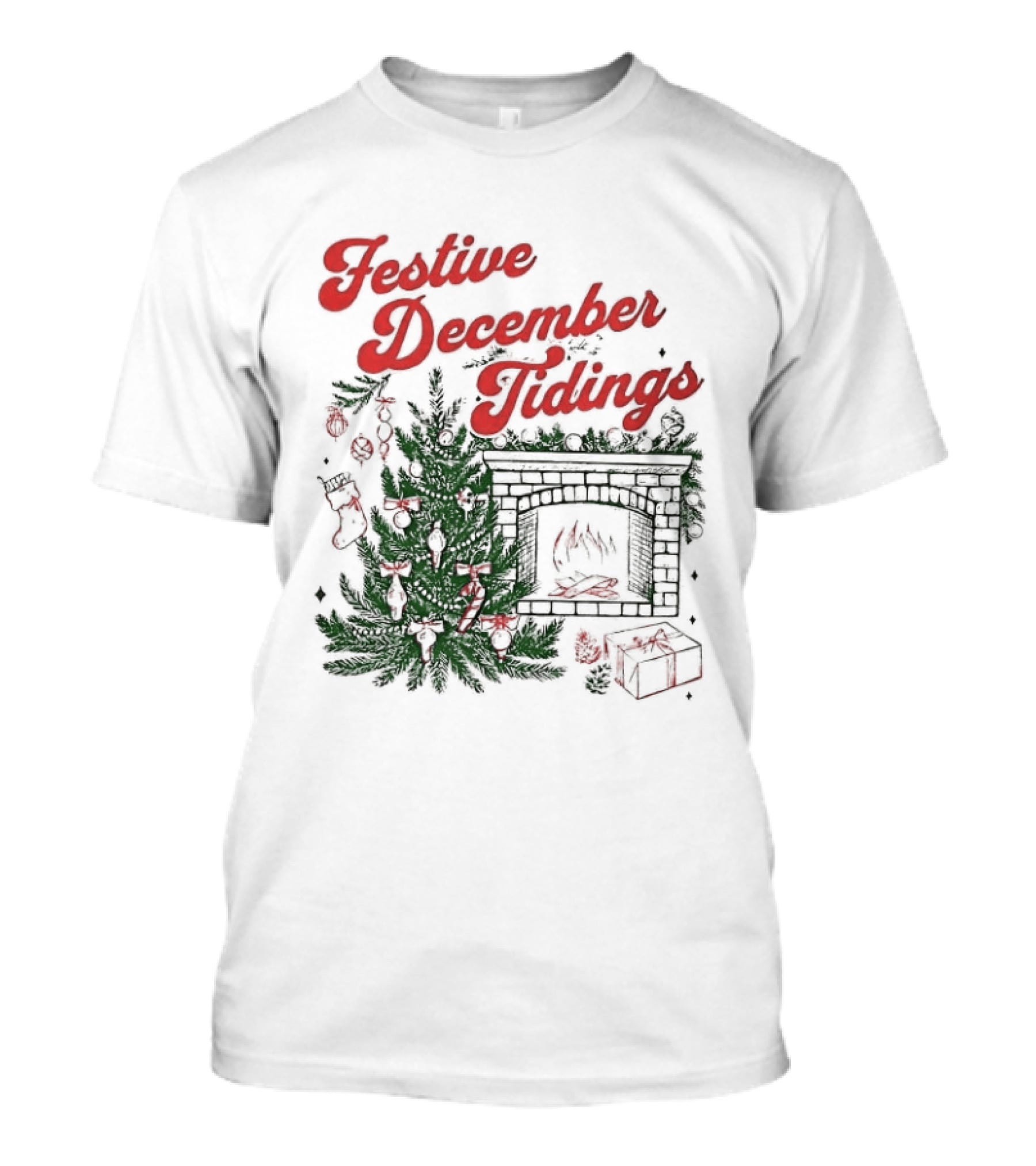 Festive December Tidings Christmas Tree Fireplace Holiday T-Shirt