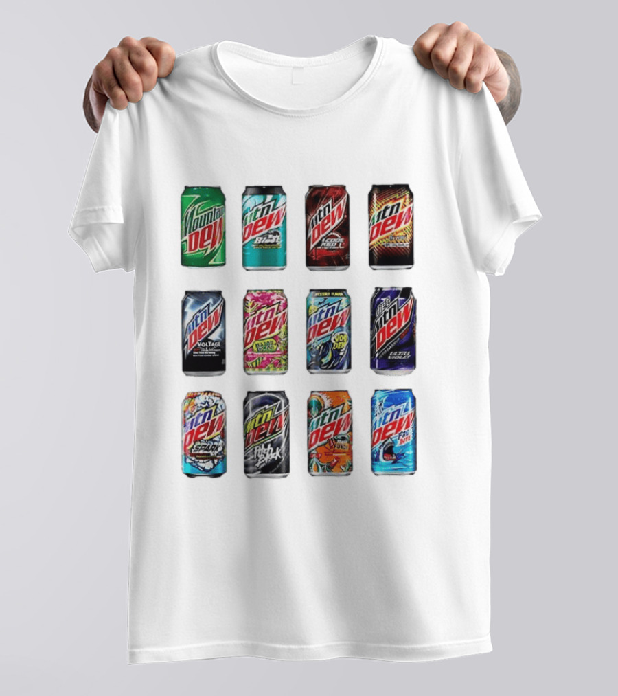 Mountain Dew Soda Flavors Black Label Code Red Voltage Spark Typhoon Pitch Black Baja Blast T-Shirt
