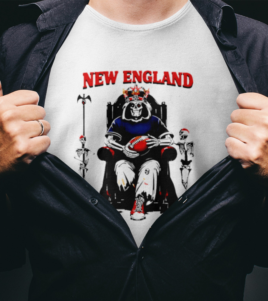 New England Skeletal Football Monarch Sitting On A Throne With Staff T-Shirt