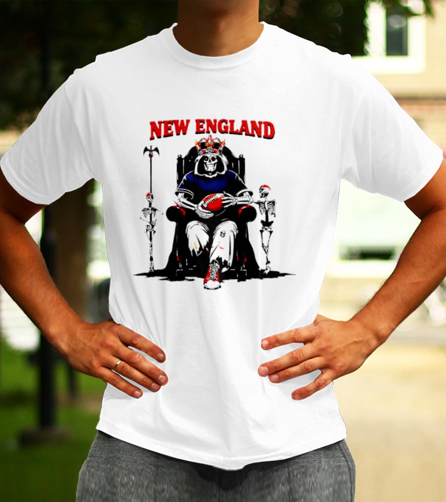 New England Skeletal Football Monarch Sitting On A Throne With Staff T-Shirt