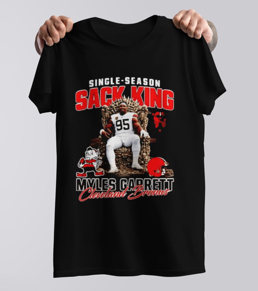 Single Season Sack King Myles Garrett Cleveland Browns 95 Throne Motif T-Shirt