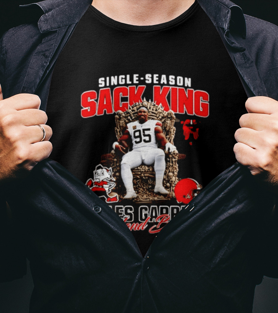 Single Season Sack King Myles Garrett Cleveland Browns 95 Throne Motif T-Shirt