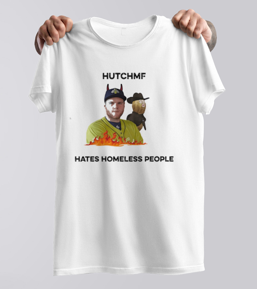 Hutchmf Hates Homeless People Devil Horns Yellow Jersey Flames T-Shirt