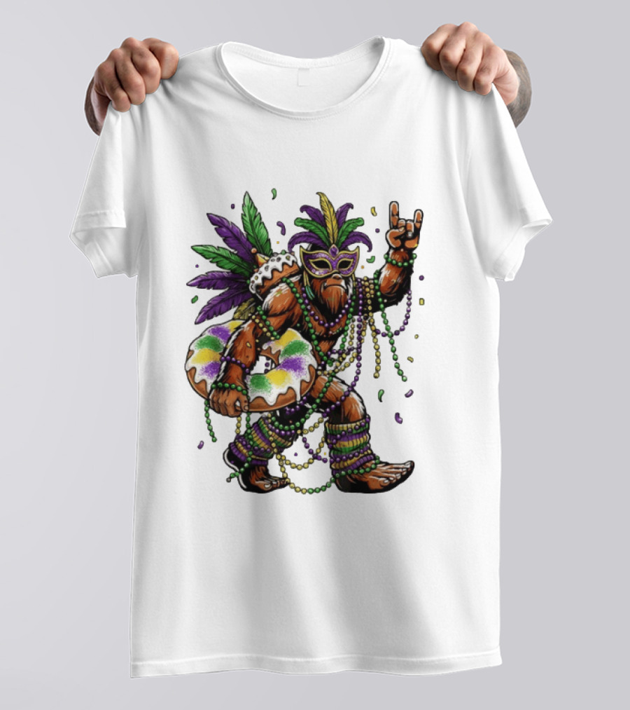 Mardi Gras Bigfoot King Rock And Roll Hand Beads Cake Donut T-Shirt