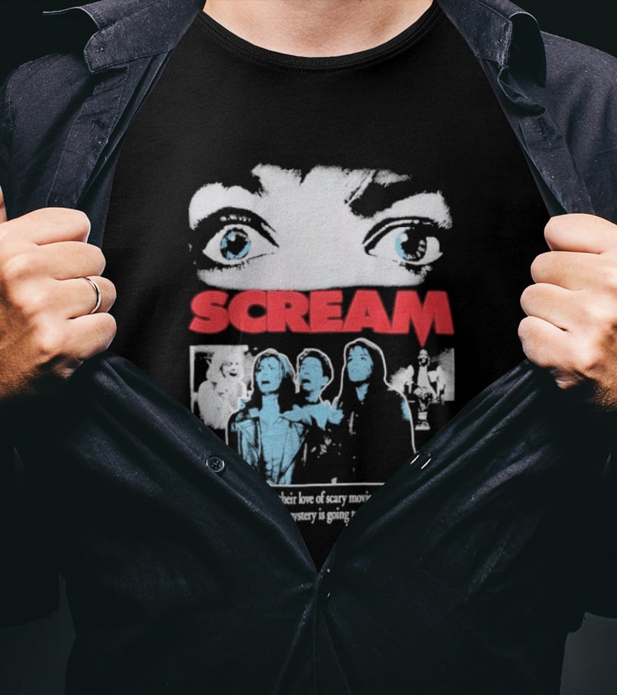 Scream Someone Has Taken Their Love Of Scary Movies One Step Too Far Solving This Mystery Is Going To Be Murder Eyes Faces T-Shirt