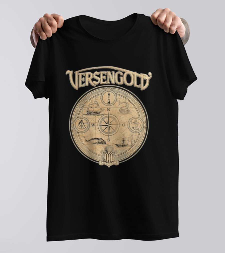 Versengold Nautical Compass Map With Ship Whale Anchor Lighthouse Chart T-Shirt