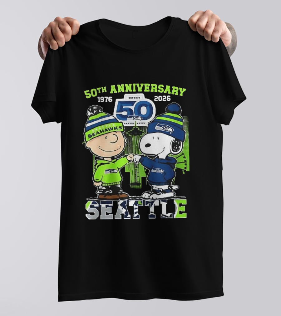 Seattle Seahawks 50th Anniversary 1976 2026 Charlie Brown Snoopy T-Shirt