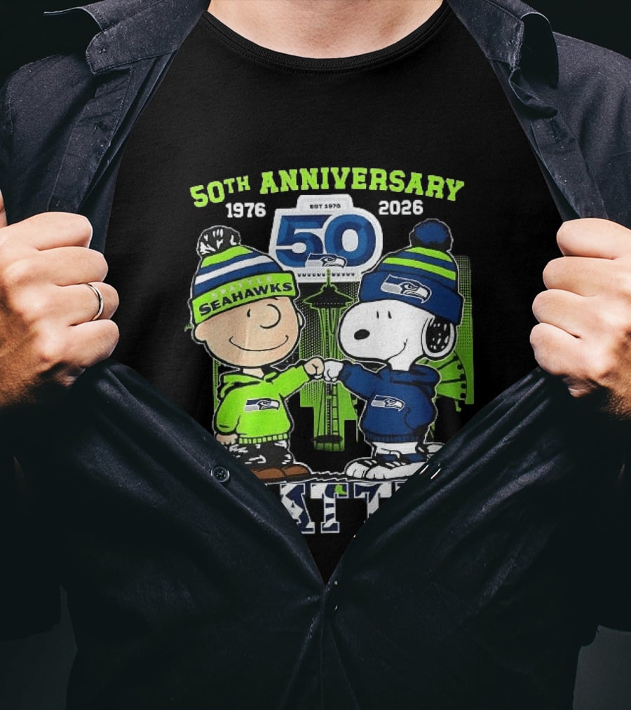 Seattle Seahawks 50th Anniversary 1976 2026 Charlie Brown Snoopy T-Shirt