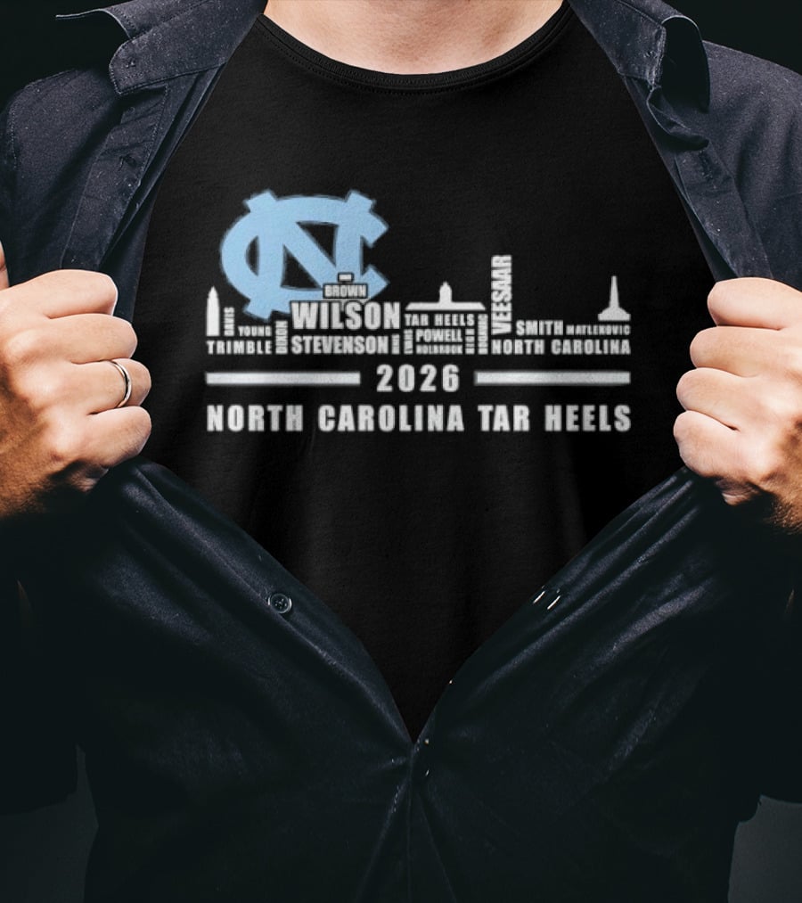 North Carolina Tar Heels 2026 Skyline City Player Names T-Shirt
