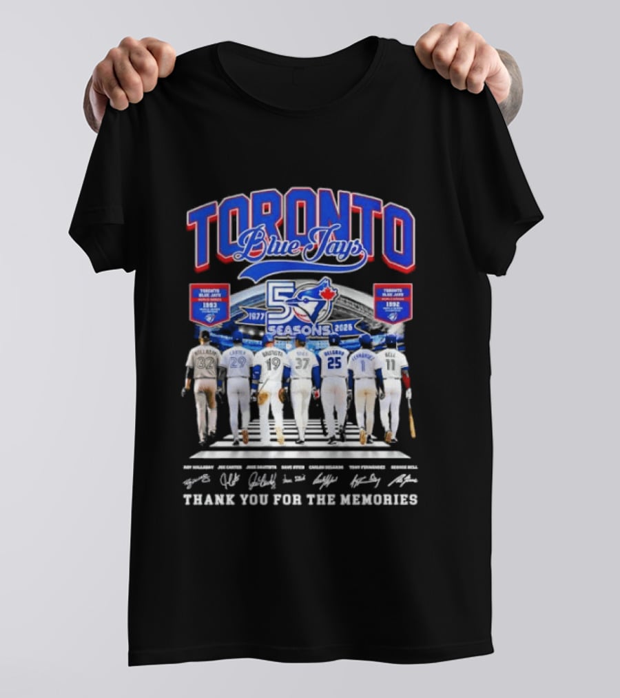 Toronto Blue Jays Blue 50 Seasons 1977 To 2026 Commemorative Signatures Thank You For The Memories T-Shirt
