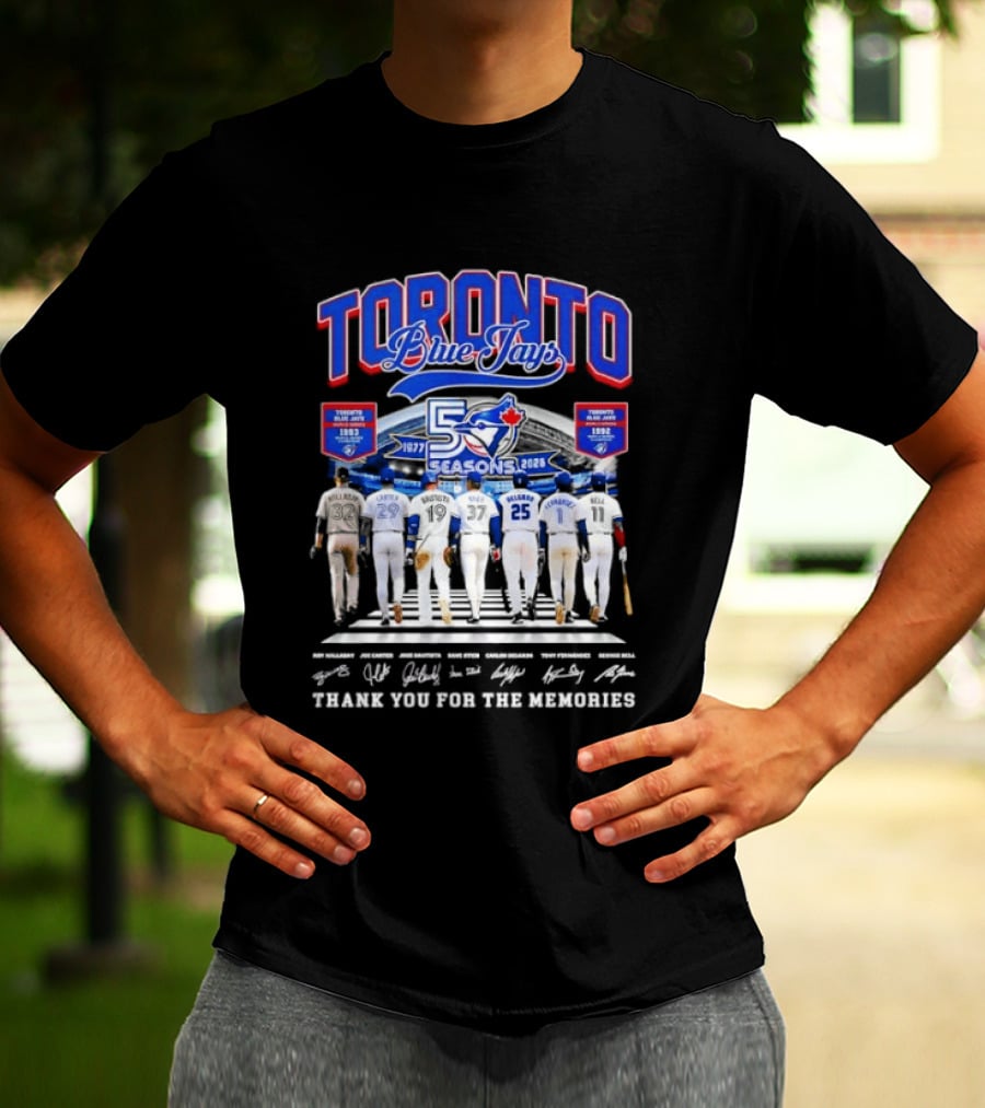 Toronto Blue Jays Blue 50 Seasons 1977 To 2026 Commemorative Signatures Thank You For The Memories T-Shirt
