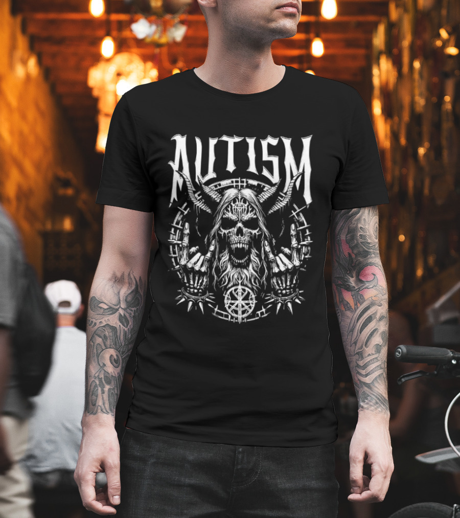 Autism Skull Punk Rock Symbol With Skeleton Hands T-Shirt
