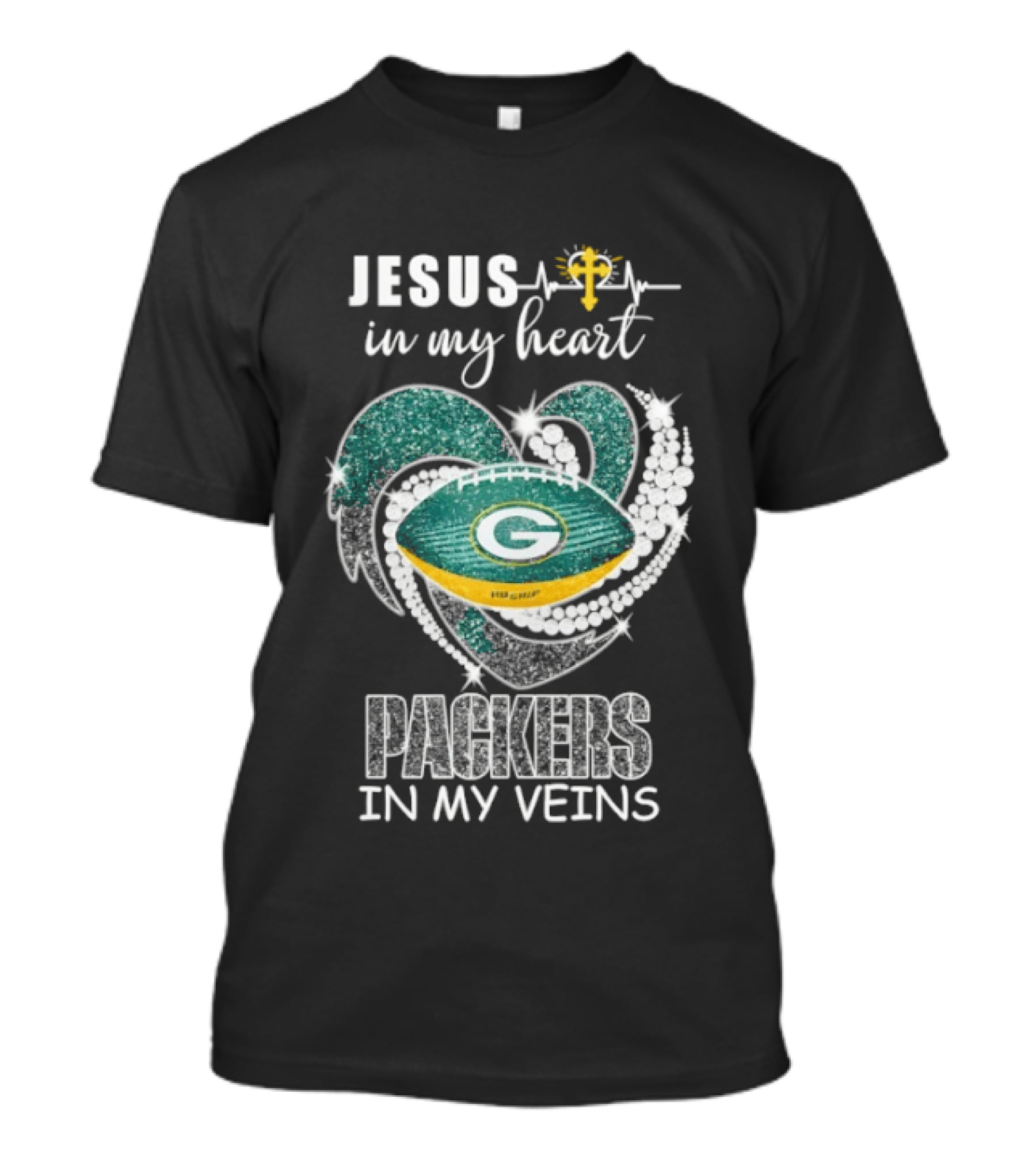 Jesus In My Heart Green Bay Packers In My Veins Diamond Heart Shape T-Shirt