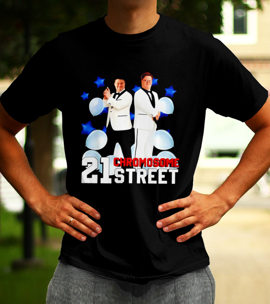 21 Chromosome Street Down Syndrome Stars Balloons White Suits T-Shirt