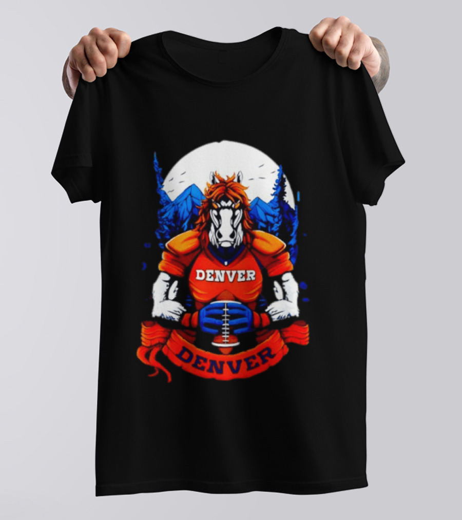 Denver Broncos Wild Horse Football Player With Mountains And Trees T-Shirt
