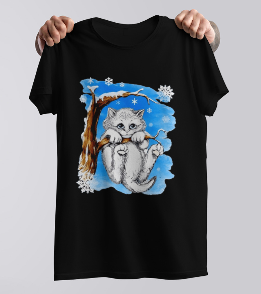 Hang In There Baby Cat In Snow With Snowflakes And Blue Sky T-Shirt