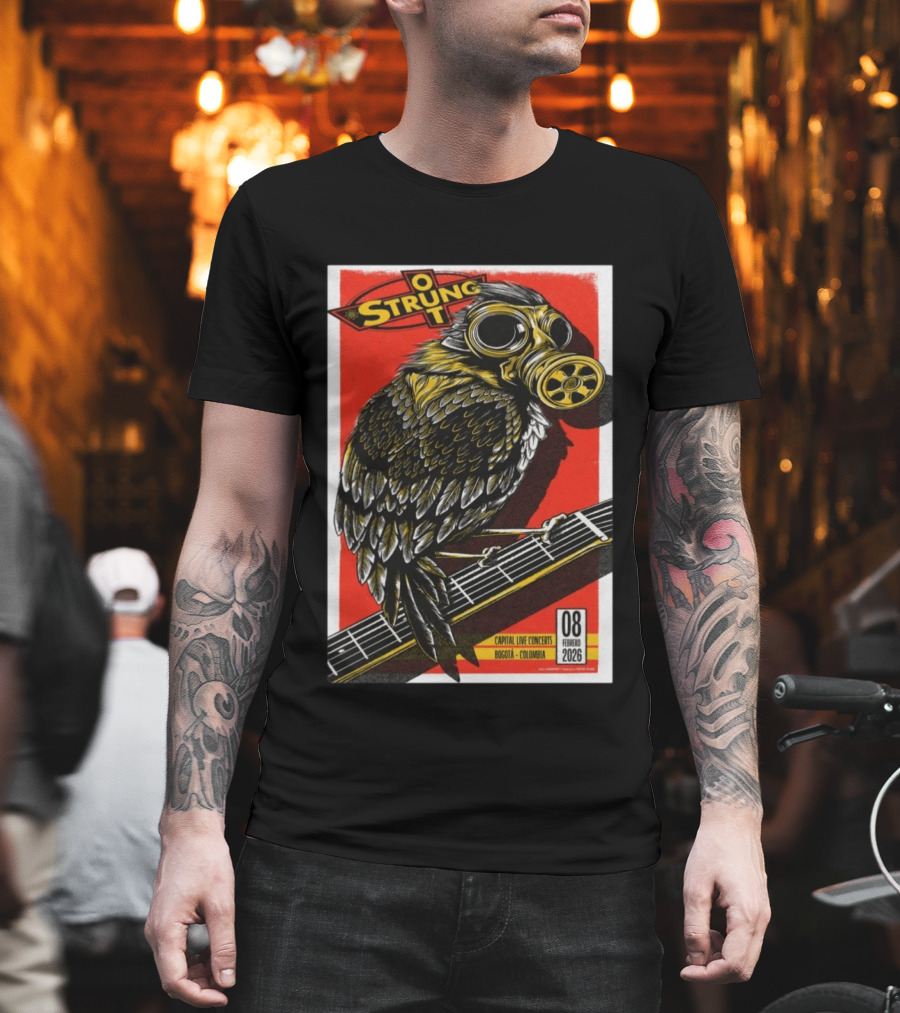 Strung Out February 8 2026 Capital Live Concerts Bogota Colombia Owl Gas Mask Guitar T-Shirt