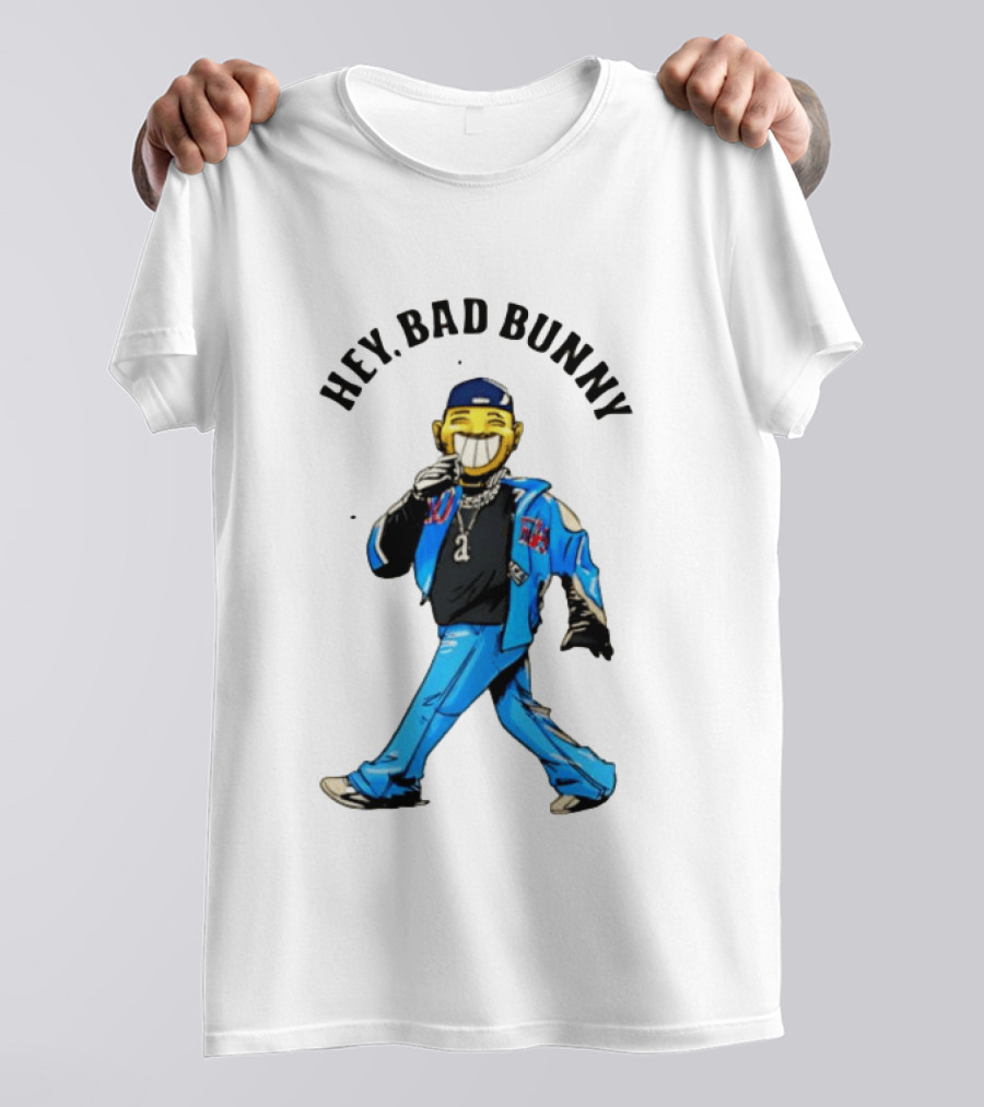 HEY BAD BUNNY Blue Jacket Character Black Outfit Chains T-Shirt