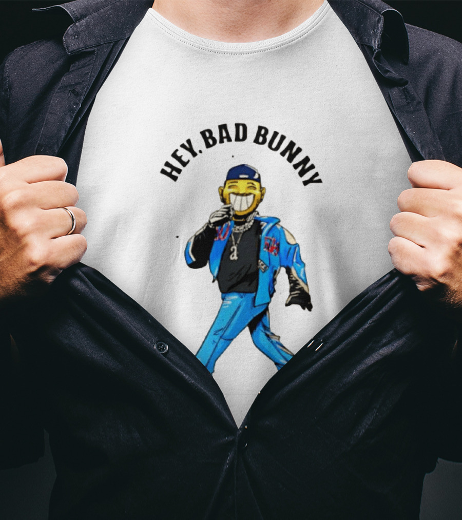 HEY BAD BUNNY Blue Jacket Character Black Outfit Chains T-Shirt