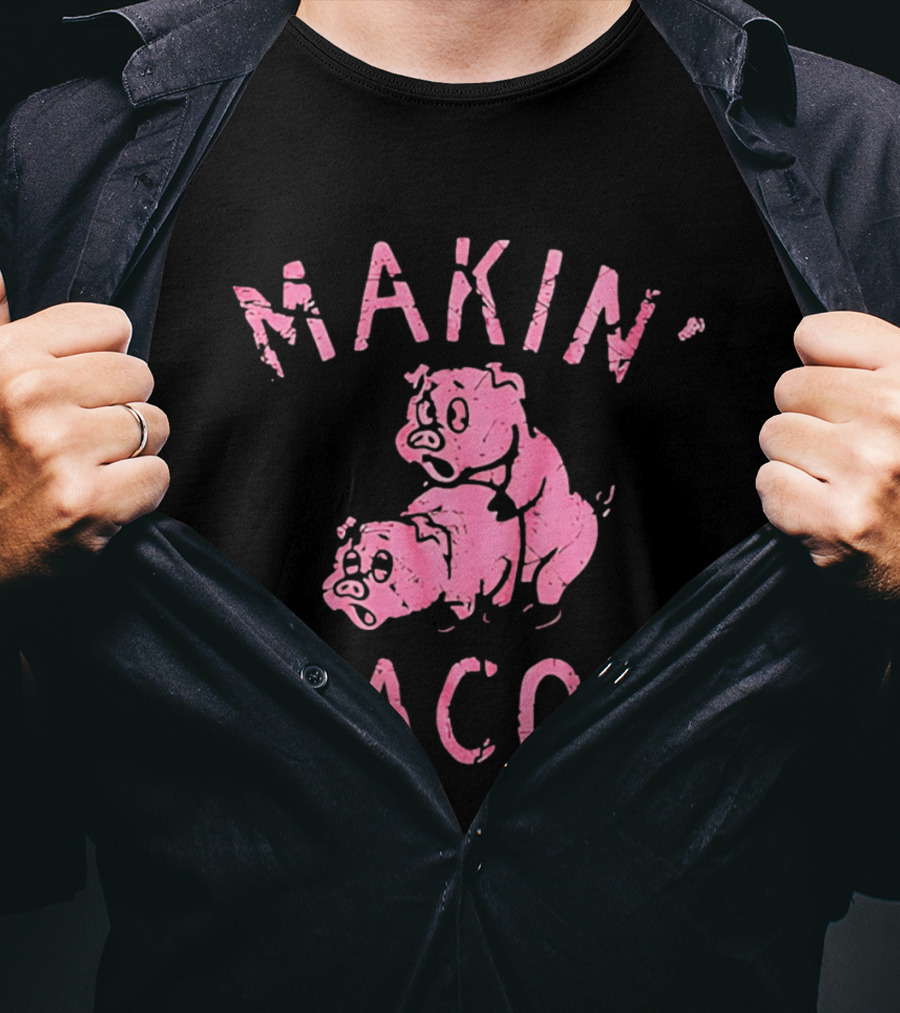 Makin Bacon Pigs Humorous Retro Graphic Pink T-Shirt