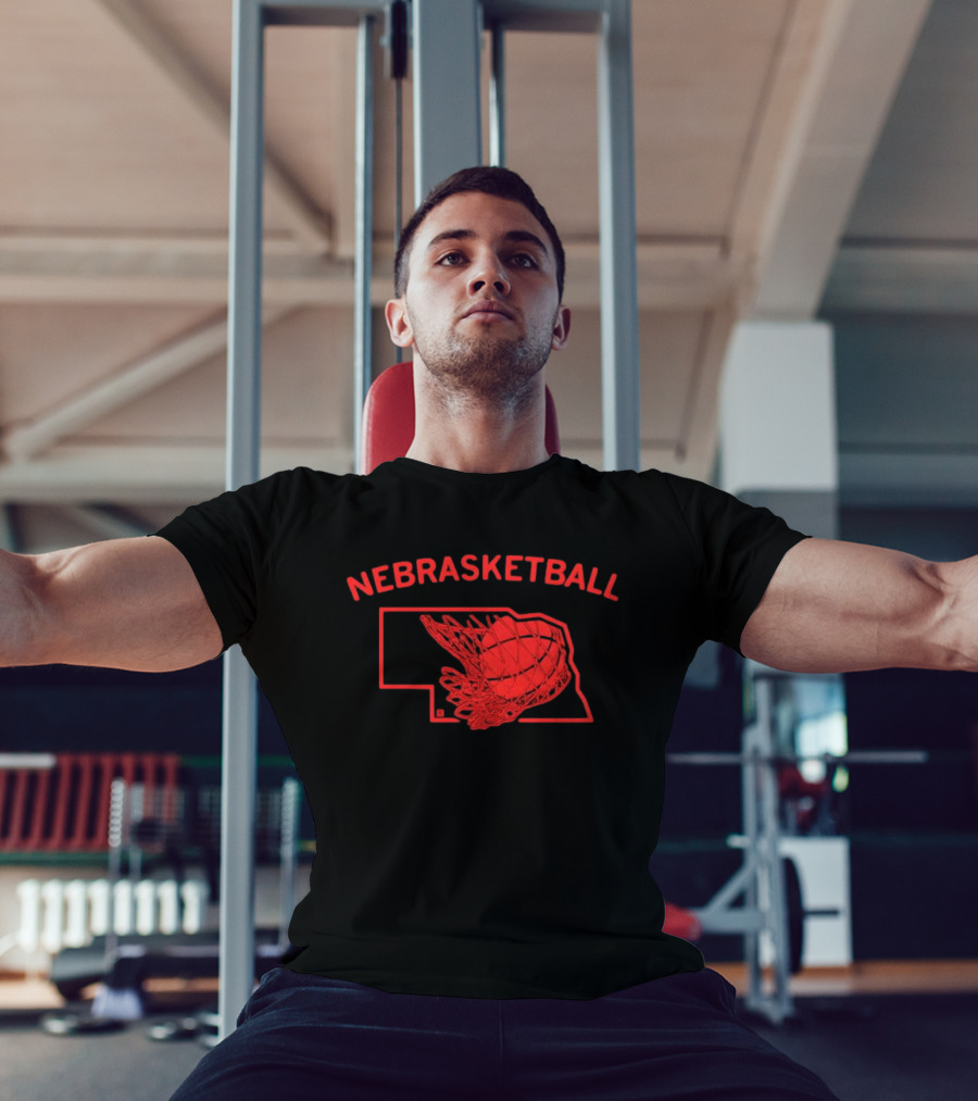 Nebrasketball Nebraska Basketball Red State Silhouette Basketball Net T-Shirt