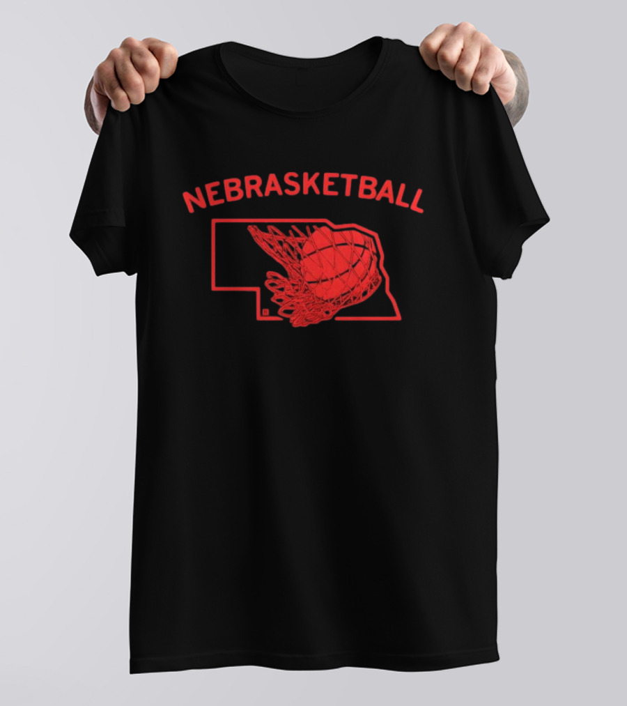 Nebrasketball Nebraska Basketball Red State Silhouette Basketball Net T-Shirt