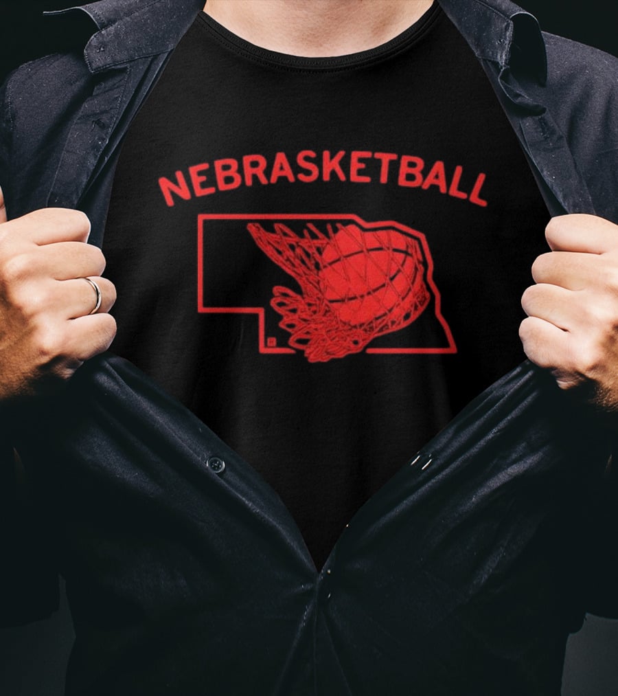 Nebrasketball Nebraska Basketball Red State Silhouette Basketball Net T-Shirt