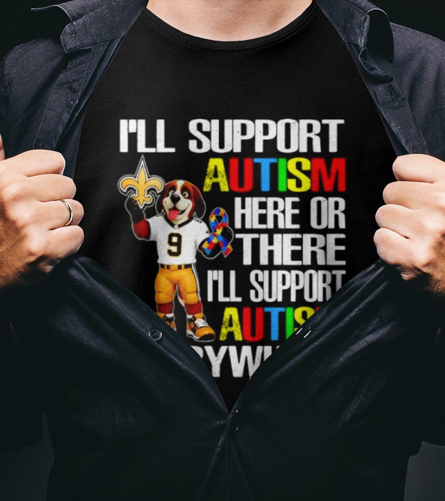 New Orleans Saints Team Mascot Support Autism Awareness Everywhere T-Shirt