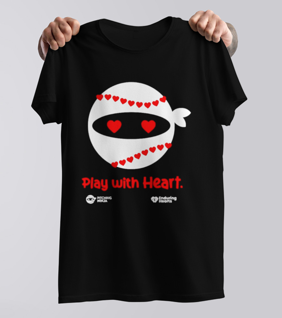 Pitching Ninja Play With Heart Red Love Hearts Baseball T-Shirt