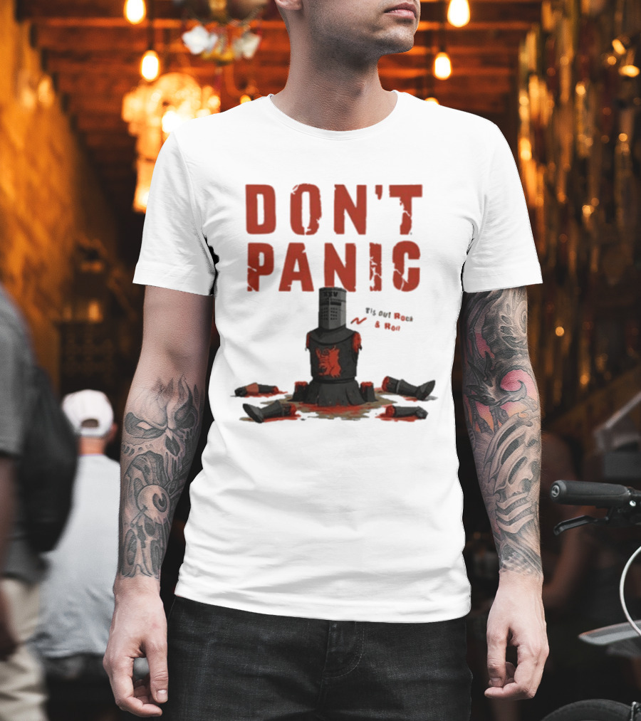Don't Panic Monty Python Black Knight Sitting In Limbs T-Shirt