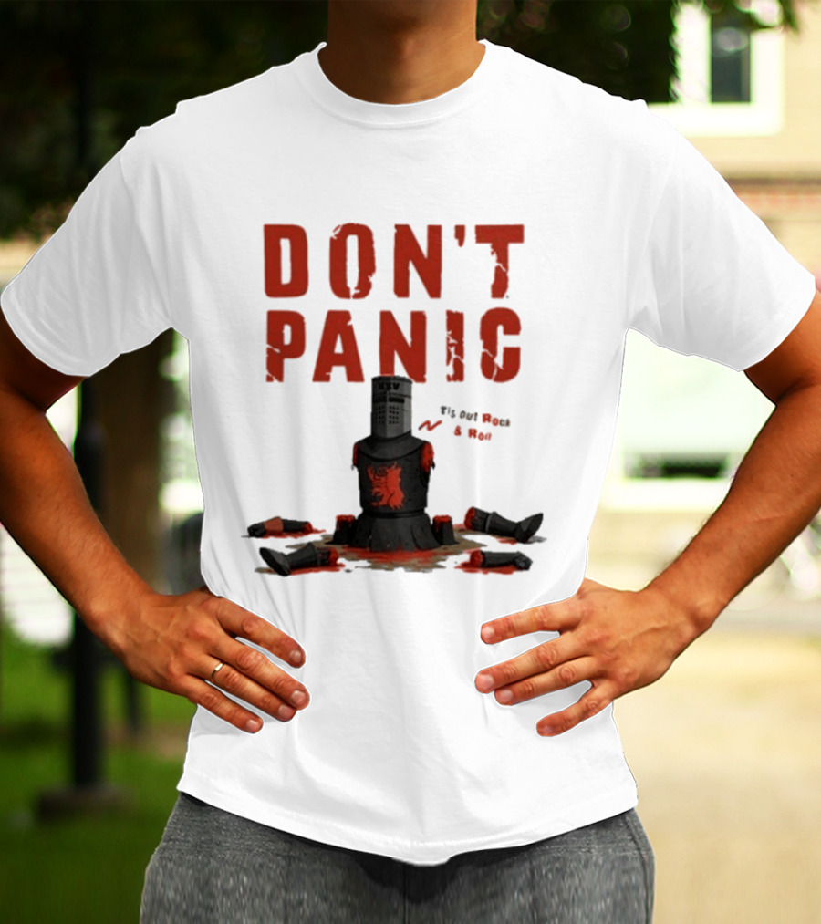 Don't Panic Monty Python Black Knight Sitting In Limbs T-Shirt