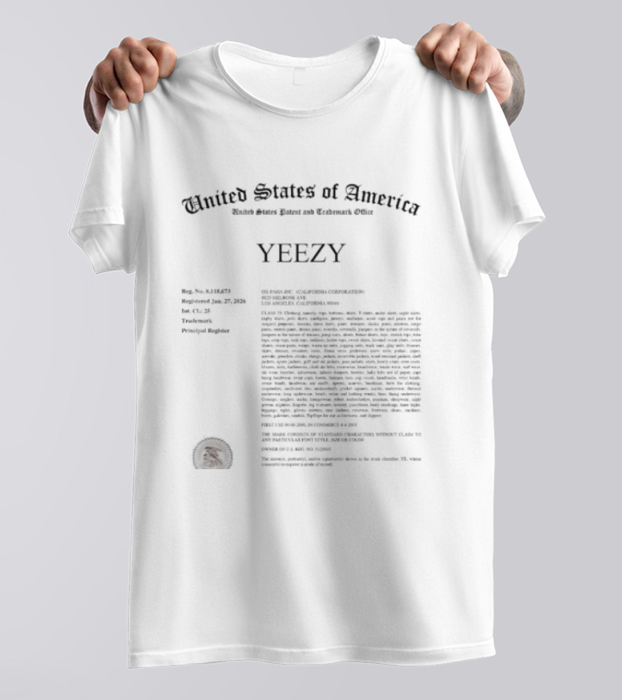 United States Of America Trademark Registration YEEZY Principal Register T-Shirt