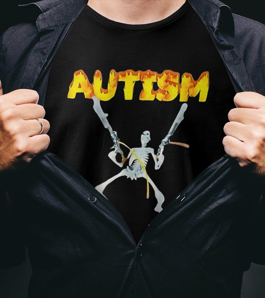 Autism Skeleton With Swords And Fire Letters T-Shirt