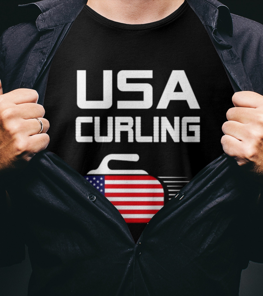USA Curling American Flag Stone T-Shirt