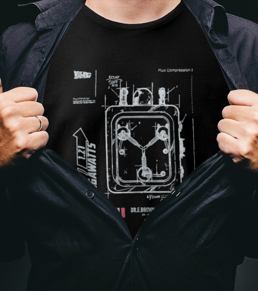 Back To The Future Flux Capacitor Schematic 1.21 Gigawatts Time Travel Blueprint T-Shirt