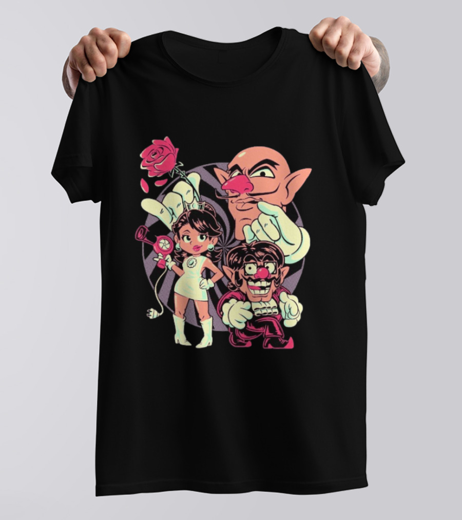 Henrique Torres Oh Be Wah Ve Vintage Cartoon Style Characters And Rose With Electric Plug T-Shirt