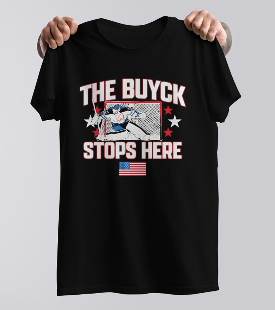 The Buyck Stops Here Winnipeg Jets Hockey Goalie USA Flag Stars T-Shirt