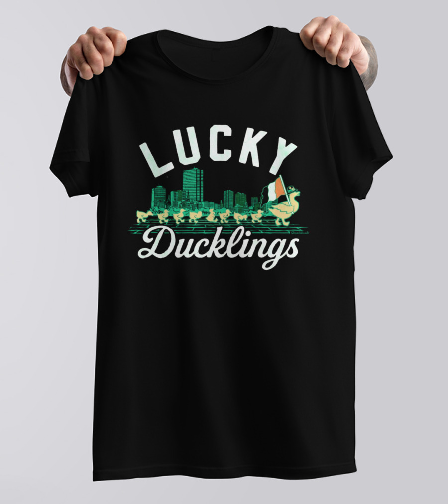 Boston Lucky Ducklings Irish Flag St Patrick's Day Skyline T-Shirt