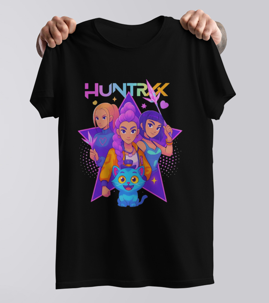Huntrx Anime All Characters Vibrant Magical Trio And Blue Cat With Crystal Stars T-Shirt