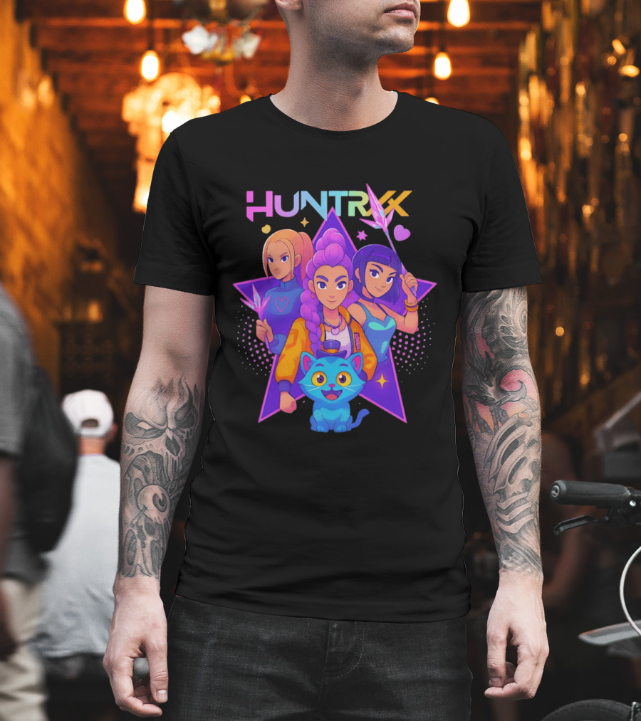 Huntrx Anime All Characters Vibrant Magical Trio And Blue Cat With Crystal Stars T-Shirt
