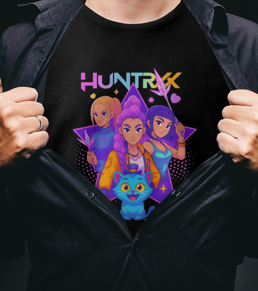 Huntrx Anime All Characters Vibrant Magical Trio And Blue Cat With Crystal Stars T-Shirt