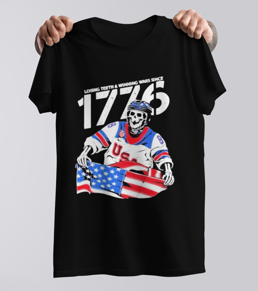 Losing Teeth Winning Wars Since 1776 USA Hockey Skeleton American Flag T-Shirt