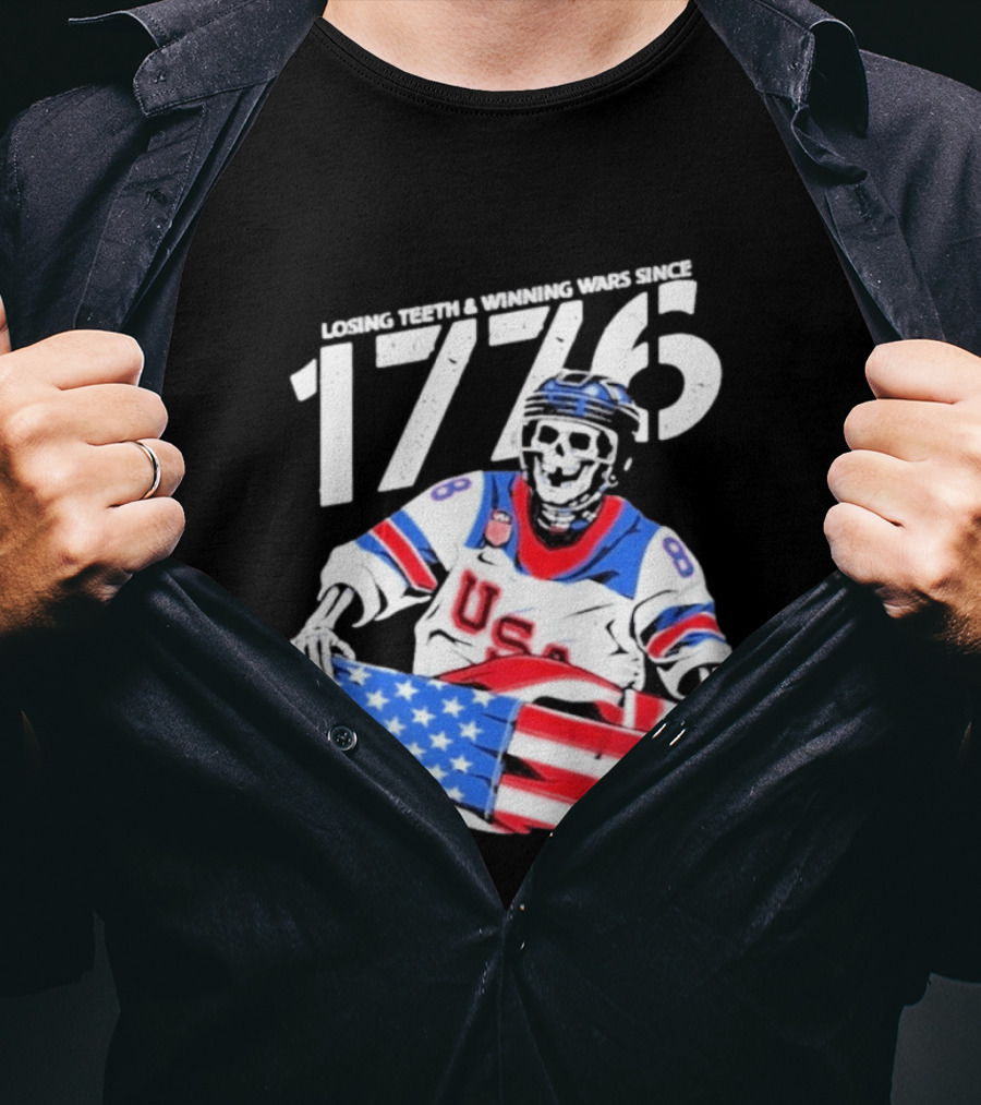Losing Teeth Winning Wars Since 1776 USA Hockey Skeleton American Flag T-Shirt