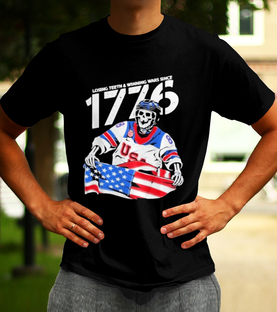 Losing Teeth Winning Wars Since 1776 USA Hockey Skeleton American Flag T-Shirt