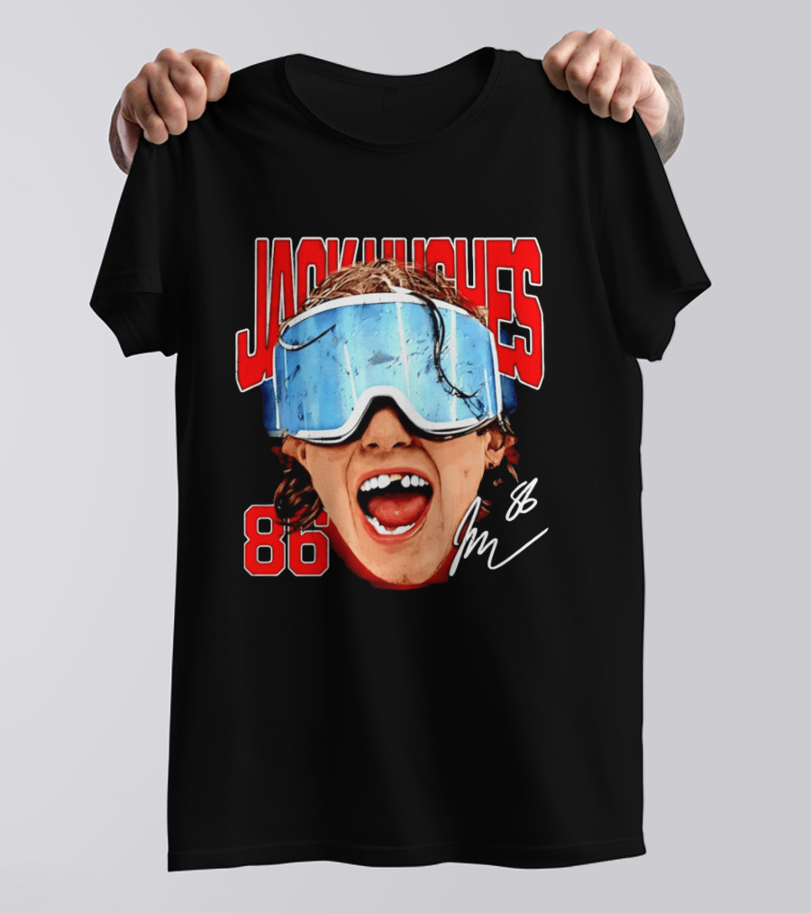 Jack Hughes New Jersey Devils 86 Goggles Signature T-Shirt