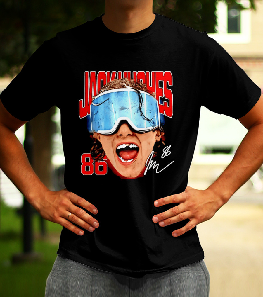 Jack Hughes New Jersey Devils 86 Goggles Signature T-Shirt