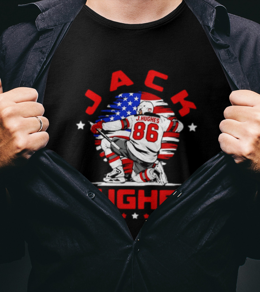 Jack Hughes 86 New Jersey Devils USA Flag Celebration T-Shirt
